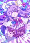  1girl book cowboy_shot crescent dress hat highres holding holding_book long_hair madeno mob_cap patchouli_knowledge purple_dress purple_eyes purple_hair solo touhou watermark white_hat 