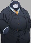 2026 anthro belly bottomwear clothing domestic_cat felid feline felis hi_res kemono male mammal necktie overweight overweight_male pants shirt simple_background solo standing suit topwear trail_arnak