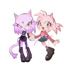  absurdres alternate_costume amy_rose animal_ears blaze_the_cat boots cat_girl commentary_request couple crop_top cross cross_necklace diamond_(gemstone) digu718910 forehead_jewel full_body furry furry_female gem green_hair happy head_tilt headband hedgehog_girl highres jewelry korean_commentary long_sleeves looking_at_viewer necklace open_mouth orange_eyes pink_fur purple_fur red_gem skirt sonic_(series) tail white_background yuri 