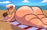  1girl ameizinglewds ass beach beach_towel blue_sky breasts cloud coconut coconut_cup commentary completely_nude day drinking earrings english_commentary glasses hellaverse helluva_boss huge_ass huge_breasts jewelry lying nude on_stomach outdoors short_hair signature sky solo sweat tan tanlines towel white_hair 