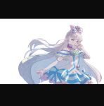  1girl animal_ear_hairband animal_ears aqua_bow arm_warmers bare_shoulders blue_bow blue_choker blue_crown blue_eyes blue_hairband blunt_bangs blunt_ends bow bow_hairband bright_pupils brooch cat_ear_hairband cat_ears choker closed_mouth collarbone colored_petticoat commentary crown crown_earrings cure_nyammy dress dress_bow earrings fake_animal_ears finger_to_own_chin floating_hair frilled_arm_warmers frilled_dress frills hairband hand_up heart heart_brooch highres index_finger_raised jewelry letterboxed long_hair looking_at_viewer magical_girl medium_dress mini_crown multicolored_bow nekoyashiki_yuki off-shoulder_dress off_shoulder pact_holder petticoat pouch precure shiny_cats_pact simple_background smile solo straight_hair striped_bow tilted_headwear very_long_hair white_arm_warmers white_background white_bow white_dress white_hair wonderful_precure! wonderful_tanaka yellow_pupils zettai_ryouiki 