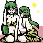 1boy 1girl animal_print bare_arms bare_shoulders between_legs bikini breasts brother_and_sister cleavage closed_eyes commentary_request glasses green_eyes green_hair hair_ribbon hand_between_legs hand_up homeko homeo horns imuhata_shimuro long_hair low_ponytail lowres median_furrow medium_breasts navel oni_costume os-tan ponytail red_ribbon ribbon siblings sitting small_horns strapless strapless_bikini swimsuit tiger_print topless_male yellow_horns 
