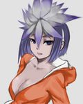  breasts cleavage colorized feathers headdress hood hoodie kuzuryuu_amane medium_breasts megami_ibunroku_devil_survivor pas_(paxiti) purple_eyes purple_hair short_hair solo 