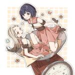  2girls alternate_size arm_scrunchie arm_support blonde_hair blunt_bangs blush boots breasts brown_background brown_boots brown_corset brown_ribbon brown_scrunchie checkered_background closed_mouth colored_eyelashes commentary_request corset earrings flipped_hair flower food from_side full_body gakuen_idolmaster gradient_hair grey_eyes grey_hair hair_flower hair_ornament hairclip hataya_misuzu highres holding_hands idolmaster jewelry knee_up kneehighs kneeling long_hair looking_at_viewer looking_back medium_hair mini_person minigirl mole mole_under_mouth multicolored_hair multiple_girls neck_ribbon open_mouth orange_eyes outline parted_bangs pink_flower pink_sailor_collar pink_skirt purple_hair ribbon sailor_collar scrunchie shinosawa_hiro shirt sitting skirt skirt_hold sks_(s3_rosquilla) sleeveless sleeveless_shirt small_breasts smile socks stud_earrings two-tone_background weighing_scale white_background white_outline white_shirt white_socks yuri 