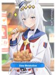 1girl absurdres ahoge animal_ears blue_eyes blue_sailor_collar blush brooch bucket_of_chicken chicken_(food) chicken_leg closed_mouth commentary ear_ornament english_commentary english_text fast_food food fried_chicken gameplay_mechanics glutton grey_hair grey_tail hair_between_eyes hair_ornament hairband highres holding holding_food horse_ears horse_girl horse_tail jacket jewelry kfc long_hair long_sleeves looking_at_viewer multicolored_hair naoyuki_arts neckerchief oguri_cap_(starlight_beat)_(umamusume) oguri_cap_(umamusume) red_neckerchief sailor_collar shirt skirt smile solo star_brooch tail umamusume white_jacket white_shirt 
