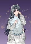  1girl ;o absurdres ahoge alternate_costume awa_subaru black_hair bow chinese_commentary commentary_request dress frilled_pillow frills girls_band_cry gradient_background grey_jacket hair_bow hair_intakes hair_ornament hand_up highres holding holding_pillow hugging_object jacket long_hair long_sleeves looking_at_viewer migolu nuoweisenlin_tongren_gongzuoshi one_eye_closed open_clothes parted_bangs parted_lips pillow pillow_hug puffy_long_sleeves puffy_sleeves purple_background purple_eyes rubbing_eyes sleepy sleeves_past_wrists solo star_(symbol) subaru_(brand) very_long_hair x_hair_ornament 