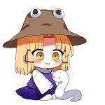  1girl :3 absurdres blonde_hair blush_stickers brown_hat chibi chibi_only chinese_zodiac closed_mouth commentary_request eighth_note hair_ribbon hat highres long_sleeves mishaguji moriya_suwako musical_note on_head parted_bangs purple_skirt purple_vest red_ribbon ribbon shirt short_hair simple_background sitting skirt skirt_set smile snake touhou turtleneck vest white_background white_shirt wide_sleeves year_of_the_snake yellow_eyes you_(noanoamoemoe) 