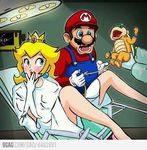  1girl birth blonde_hair blush bowser cheating crown doctor jpeg_artifacts labcoat mario mario_(series) netorare open_mouth princess_peach super_mario_bros. watermark 