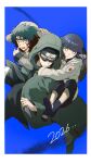  1girl 2boys aburame_shino arm_around_neck black_hair black_pants black_shoes blue_background blunt_bangs coat commentary_request facial_mark fang furrowed_brow goggles green_coat headband_around_neck highres holding holding_kunai holding_weapon hood hood_up hoodie hyuuga_hinata inuzuka_kiba konohagakure_symbol korean_commentary kunai light_frown msggaduk01 multiple_boys naruto_(classic) naruto_(series) naruto_shippuuden no_pupils open-toe_shoes open_mouth pants parted_lips shoes short_hair sweatdrop time_paradox weapon white_background white_eyes white_hoodie 