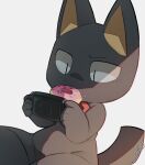  1boy animal_ears black_fur bow bowtie cat_boy cat_ears cat_tail commentary doko_demo_issyo donut food food_in_mouth furry furry_male handheld_game_console highres holding holding_handheld_game_console icing kuro_(doko_demo_issyo) male_focus playstation_portable red_bow red_bowtie simple_background sitting slit_pupils solo sprinkles symbol-only_commentary tachi-e tail video_game white_background wolfaroon 