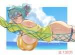  1girl ahoge aqua_eyes aqua_hair ass bikini blonde_streaks blush bow breasts cloud crossed_bangs dated day double_bun eyewear_on_head from_side gold_bikini golden_week green_jacket hair_bow hair_bun hair_ornament hammock hanging_breasts hasagi_giorno hatsune_miku highleg highleg_bikini highres huge_breasts jacket long_sleeves looking_at_viewer lying multicolored_hair number_tattoo ocean off_shoulder on_stomach open_clothes open_jacket shoulder_tattoo side-tie_bikini_bottom smile solo star-shaped_eyewear star_(symbol) star_hair_ornament streaked_hair sunglasses sweat swimsuit tattoo thigh_strap vocaloid wet zipper_pull_tab 