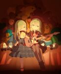  2girls 7-string_guitar amoris_(bang_dream!) ascot ave_mujica_(bang_dream!) bang_dream! bang_dream!_it's_mygo!!!!! beret black_capelet black_pantyhose black_socks blue_dress capelet character_doll closed_mouth commentary doll doloris_(bang_dream!) dress dual_persona electric_guitar extended_range_guitar green_eyes green_hair guitar hat holding holding_guitar holding_instrument instrument long_hair long_sleeves maa-chan_(sima) misumi_uika mortis_(bang_dream!) mortis_(costume)_(bang_dream!) mortis_(persona)_(bang_dream!) multiple_girls oblivionis_(bang_dream!) pantyhose plaid_clothes plaid_dress red_hat red_shoes shirt shoes socks stuffed_toy timoris_(bang_dream!) togawa_sakiko wakaba_mutsumi wakaba_mutsumi_(doll) white_ascot white_shirt yahata_umiri yuutenji_nyamu 