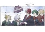  1girl 4boys alternate_universe bakugou_katsuki black_robe blonde_hair blunt_bangs boku_no_hero_academia border brothers character_name christmas_sweater collared_shirt commentary_request crossed_arms dabi_(boku_no_hero_academia) double_bun earrings green_hair green_necktie green_scarf grey_sweater gryffindor hair_bun harry_potter highres holding_sweater jewelry lyuuuuqq13 messy_hair midoriya_izuku multicolored_hair multiple_boys necktie open_mouth red_hair red_necktie red_scarf robe scar scar_across_eye scar_on_face scarf school_uniform shirt shirt_under_sweater short_hair siblings slytherin spiked_hair stitched_face stitches striped_clothes striped_necktie striped_scarf sweater todoroki_shoto todoroki_touya toga_himiko two-tone_hair upper_body white_border white_hair white_shirt 