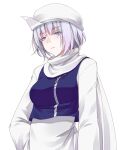  1girl :< apron breasts closed_mouth commentary_request cropped_vest crote half-closed_eyes hand_on_own_hip hat lapel_pin large_variant_set letty_whiterock long_sleeves medium_breasts purple_eyes purple_hair purple_vest scarf short_hair solo tachi-e touhou transparent_background variant_set vest white_apron white_hat white_scarf wide_sleeves 