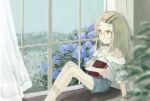  1girl absurdres blonde_hair blue_flower blue_shorts blurry blurry_foreground book closed_mouth collarbone colored_eyelashes commentary_request curtains depth_of_field expressionless feet_out_of_frame flower from_side gakuen_idolmaster glasses grey_sky hair_ornament hairclip highres holding holding_book horizon idolmaster indoors k6tetsu knees_up long_hair looking_outside looking_to_the_side off-shoulder_shirt off_shoulder on_windowsill orange_eyes parallel_hairclips rain round_eyewear shinosawa_hiro shirt shorts sitting sky solo spaghetti_strap swept_bangs white_shirt window windowsill wristband 