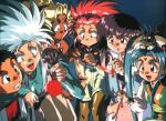  1990s_(style) 1boy 5girls animal_on_head aqua_hair arm_around_shoulder black_eyes black_hair blonde_hair cabbit dark-skinned_female dark_skin facial_mark fangs fireworks forehead_mark green_eyes green_hair grin hakubi_washuu high_ponytail holding kuramitsu_mihoshi long_hair long_sleeves masaki_aeka_jurai masaki_sasami_jurai masaki_tenchi multiple_girls non-web_source official_art on_head open_mouth pink_hair ponytail red_eyes retro_artstyle ryou-ouki ryouko_(tenchi_muyou!) short_hair shorts smile sparkler spiked_hair standing staring teeth tenchi_muyou! twintails upper_teeth_only yellow_eyes 