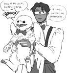 avian beak bow_tie digital_media_(artwork) domestic_pet duo edward_(starfleetrambo) english_text ermin_(starfleetrambo) eyewear feral glasses gryphon hair human male mammal monochrome mythological_avian mythological_creature mythology not_furry profanity simple_background siren_and_scientist sketch speech_bubble starfleetrambo text wings