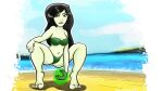 absurd_res barefoot beach bikini black_hair clothing crouching digital_media_(artwork) digital_painting_(artwork) digital_watercolor_(artwork) disney feet green_body green_outfit green_skin hair hi_res human kim_possible magic mammal not_furry painting_(artwork) shego swimwear two-piece_swimsuit villainess watercolor_(artwork)