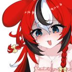  1girl ahoge animal_ear_fluff animal_ears armpit_crease babydoll black_hair black_streaks blue_eyes bow braid breasts cleavage cleavage_cutout clothing_cutout collarbone commentary_request crying double-parted_bangs ears_down fang haayung00 hair_between_eyes hakos_baelz hakos_baelz_(strawberry_onesie) hololive hololive_english jewelry korean_commentary looking_down medium_breasts mouse_ears multicolored_hair necklace open_mouth pink_babydoll red_hair sad shaded_face skin_fang strap_slip streaming_tears tears virtual_youtuber wavy_eyes white_background white_hair 