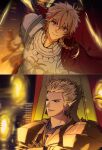  2boys absurdres armor blonde_hair braid braided_ponytail cape commentary_request ddongmugua earrings fate/strange_fake fate_(series) gilgamesh_(fate) highres jewelry korean_commentary long_hair male_focus multicolored_hair multiple_boys open_mouth red_cape red_eyes red_hair richard_i_(fate) short_hair single_braid smile split_screen streaked_hair upper_body 