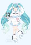 1girl :3 alternate_costume apron aqua_eyes aqua_hair arm_up blue_dress cute_x_subculture_hatsune_miku_design_contest dress enmaided fashion full_body hair_ornament hairband hashtag-only_commentary hatsune_miku highres holding holding_tray jersey_maid kokorominton lolita_hairband long_hair looking_at_viewer loose_socks maid one_eye_closed simple_background socks solo standing straight-on tachi-e tenshi_kaiwai tray twintails unconventional_maid very_long_hair vocaloid white_apron white_background wing_hair_ornament 