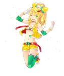  ;d bad_id bad_pixiv_id blonde_hair breasts c.c._lemon c.c._lemon_(character) cleavage fingerless_gloves food fruit full_body gloves green_eyes green_legwear hao_(patinnko) highres lemon long_hair midriff navel one_eye_closed open_mouth ponytail salute shoes short_shorts shorts single_thighhigh small_breasts smile sneakers solo thighhighs transparent_background vest white_gloves 