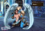  1boy 1girl angel_wings armor black_sleeves blizzard_entertainment blue_skin breasts brown_hair colored_skin commentary corruption covered_eyes english_commentary foot_wraps gender_transitioning gold_armor gold_trim hand_wraps handjob hellbibiarts kneeling large_breasts magic parted_lips partially_undressed thick_thighs thighs warcraft wings 