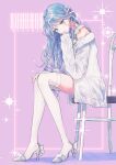  1girl absurdres armpit_crease barcode blue_eyes blue_hair cardigan chair dress frilled_dress frills full_body hand_on_own_thigh high_heels highres hinomori_shizuku mole mole_under_mouth nov_ggg off_shoulder official_alternate_costume official_alternate_hair_length official_alternate_hairstyle project_sekai shoes sitting sleeves_past_wrists solo sparkle swept_bangs thighhighs white_cardigan white_dress white_shoes white_thighhighs zozotown 
