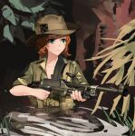  1girl absurdres ammunition_pouch australian_army belt bren_lmg brown_hat english_commentary gewehrbroker green_belt green_eyes green_shirt gun hat highres jungle light_machine_gun looking_to_the_side machine_gun military military_combat_uniform military_uniform nature orange_hair original partially_submerged pouch reflection reflective_liquid shirt sleeves_rolled_up slouch_hat soldier solo suspenders weapon world_war_ii 