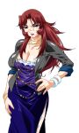  1girl akanejima_ranga blue_dress bracelet breasts casual cleavage collarbone cowboy_shot dress eyeshadow formal_clothes game_cg gan-chan_(artist) grey_jacket hair_intakes hand_on_own_hip hand_on_own_thigh hitozuma_sentai_aisaiger jacket jewelry lace lace_trim large_breasts large_variant_set lipstick long_hair looking_at_viewer makeup mature_female mole mole_under_eye necklace non-web_source official_art open_clothes open_jacket parted_bangs purple_eyes purple_lips red_hair ring side_slit sidelocks sleeves_rolled_up solo standing strapless strapless_dress three-quarter_sleeves transparent_background variant_set 