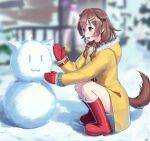  2girls :d absurdres adapted_costume animal_collar animal_ears artist_name belt_collar blurry blurry_background blush bone_hair_ornament boots braid braided_twintails brown_eyes brown_hair brown_tail character_snowman coat collar commentary dated depth_of_field dog_ears dog_girl dog_tail double-parted_bangs extra_ears from_side full_body fur-trimmed_boots fur-trimmed_coat fur_trim hair_between_eyes hair_ornament hairclip highres hololive hood hood_down hooded_coat inugami_korone inugami_korone_(1st_costume) long_hair looking_at_object low_twin_braids low_twintails mittens multiple_girls nekomata_okayu open_mouth outdoors parallel_hairclips paw_pendant red_boots red_collar red_mittens signature smile snow snow_boots snowman solo_focus squatting tail traveler_(artbbt) twin_braids twintails virtual_youtuber yellow_coat 