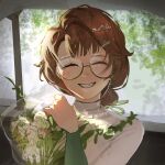  1girl ^_^ blurry blurry_background bouquet brown_hair closed_eyes facing_viewer glasses grin hand_up highres kakania_(reverse:1999) long_hair low_ponytail ponytail portrait reverse:1999 round_eyewear sakelilac semi-rimless_eyewear shirt smile solo teeth under-rim_eyewear white_shirt window 