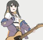  1girl baiyupiao bang_dream! bang_dream!_our_notes black_choker black_hair black_nails blonde_hair choker colored_inner_hair crop_top ear_piercing electric_guitar fang fender_telecaster grey_background guitar instrument jacket jewelry long_hair midriff multicolored_hair multiple_rings nail_polish navel necklace open_mouth piercing purple_jacket ring simple_background solo suga_raika teeth upper_teeth_only yellow_eyes 