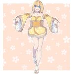  1girl blonde_hair blue_eyes border bow breasts detached_sleeves floral_print frilled_sleeves frills full_body hair_between_eyes highres japanese_clothes kimono light_blush looking_at_viewer low_twintails non-web_source official_alternate_costume official_art open_mouth orange_background outline outstretched_arms sandals short_hair short_twintails sidelocks simple_background small_breasts socks solo standing standing_on_one_leg straight-on strapless_kimono taiyo_ami twintails utau white_border white_outline white_socks wide_sleeves yellow_bow yellow_kimono yellow_sleeves yen-mi 