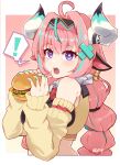  ! 1girl ahoge animal_ears bandaid bandaid_on_cheek bandaid_on_face bandaid_on_finger bandaid_on_hand blue_hair burger cow_ears cow_girl cow_horns crop_top cropped_torso detached_sleeves food from_side fur_collar genshin_impact hair_intakes hair_ornament hairband highres holding holding_burger holding_food horns kinokisaki long_hair long_sleeves looking_at_viewer midriff multi-tied_hair multicolored_hair nail_polish open_mouth pink_hair purple_eyes shirt sleeveless sleeveless_shirt solo spoken_exclamation_mark streaked_hair sweat varesa_(genshin_impact) x_hair_ornament 