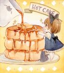  1girl acrylic_gouache_(medium) black_bow blue_dress bow brown_eyes brown_hair butter cat dress food food_focus from_side hair_bow highres mini_person minigirl open_mouth original painting_(medium) pancake pancake_stack short_hair short_sleeves solo sparkle standing syrup traditional_media watercolor_(medium) yuuki_hana_(jtnp5334) 