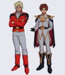  2boys alternate_universe amuro_ray arm_behind_back armor black_boots black_cape black_gloves blonde_hair blue_eyes boots brown_hair cape char's_counterattack char_aznable coat commentary cosplay costume_switch earth_federation expressionless full_body gloves gundam highres jacket male_focus multiple_boys neo_zeon pants pauldrons quattro_bajeena red_boots red_cape red_jacket scar scar_on_face scar_on_forehead serious short_hair shoulder_armor symbol-only_commentary two-sided_cape two-sided_fabric white_coat white_pants yy0880yy 