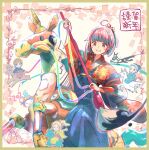  2026 4girls ahoge aoki_tooko bird black_hair blonde_hair blue_eyes blue_hair blush_stickers bob_cut brown_eyes brown_hair calligraphy_brush chibi chinese_zodiac commentary furisode glasses gold_border grin hakama highres holding holding_calligraphy_brush holding_paintbrush holding_reins horseback_riding ink_drip japanese_clothes kajiwara_osamu kimono kukuri_mika looking_at_viewer multicolored_hair multiple_girls naruse_naoko paintbrush pegasus penguin pink_hair ponytail reaching reaching_towards_viewer reins riding seal_impression semi-rimless_eyewear smile streaked_hair toyokawa_himeno unicorn yakunara_mug_cup_mo year_of_the_horse 