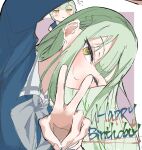  1girl bang_dream! bang_dream!_it's_mygo!!!!! blue_shirt border closed_mouth commentary green_hair grey_neckerchief hair_ornament hairclip happy_birthday hashtag-only_commentary highres lilachinami long_hair neckerchief outside_border shirt upper_body v wakaba_mutsumi wakaba_mutsumi_(doll) white_border 