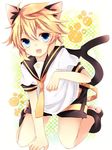  animal_ears bad_id bad_pixiv_id blonde_hair blue_eyes cat_ears cat_tail highres kagamine_len leeannpippisum male_focus open_mouth polka_dot polka_dot_background shorts solo tail vocaloid 