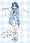  1girl absurdres alternate_costume bandaid bandaid_on_hand bandaid_on_leg belt blue_hair blue_jacket bocchi_the_rock! candy chinese_commentary chocolate closed_mouth commentary_request english_text food full_body hair_ornament hairclip highres holding holding_food hood hooded_jacket jacket long_sleeves looking_at_viewer migolu mixed-language_text musical_note nuoweisenlin_tongren_gongzuoshi open_clothes open_jacket shirt shoes shorts sneakers socks solo standing white_shirt white_socks yamada_ryo yellow_eyes 
