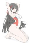 1girl armpits arms_behind_head barefoot black_hair breasts chisa_(wuthering_waves) closed_mouth commentary competition_swimsuit covered_navel english_commentary hair_ribbon highres legs long_hair looking_at_viewer medium_breasts one-piece_swimsuit red_eyes red_one-piece_swimsuit ribbon simple_background solo swimsuit t1kosewad thighs toes two-tone_swimsuit white_background white_one-piece_swimsuit wuthering_waves 