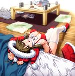  bag bed bed_sheet bikini blurry book box breasts brown_eyes brown_hair cake chabudai_(table) christmas depth_of_field food fork hat kumatyu large_breasts mattress open_mouth original pillow plastic_bag plate pom_pom_(clothes) red_bikini santa_costume santa_hat short_hair skirt skirt_removed solo swimsuit table thighhighs tin_can white_legwear 