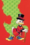  1boy black_hat cane coat commentary duck_boy ducktales english_commentary furry furry_male glasses hat highres looking_at_viewer mickey_mouse_&amp;_friends red_background red_coat round_eyewear russell_dauterman scrooge_mcduck signature solo top_hat 