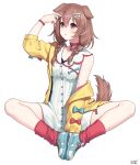  1girl absurdres animal_collar animal_ears artist_name belt_collar blue_shoes bone_hair_ornament boots braid braided_twintails breasts brown_eyes brown_hair brown_tail butterfly_sitting buttons collar commentary_request dated dog_ears dog_girl dog_tail double-parted_bangs dress empire_waist extra_ears full_body grabbing_own_hair hair_between_eyes hair_ornament hairclip highres holding holding_own_hair hololive inugami_korone inugami_korone_(1st_costume) jacket lace-up_boots long_hair loose_socks low_twin_braids low_twintails medium_breasts open_clothes open_jacket parallel_hairclips paw_pendant red_collar red_socks shoes short_dress signature simple_background single_bare_shoulder single_off_shoulder sitting sleeve_bow sleeveless sleeveless_dress sneakers socks solo tail transparent_background traveler_(artbbt) twin_braids twintails upturned_eyes virtual_youtuber white_dress wristband yellow_jacket 