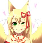  1girl animal_ears blonde_hair fox_ears fox_tail green_eyes heart keto_(funrei_doryoku) mon-musu_quest! monster_girl multiple_tails tail tamamo_(mon-musu_quest!) tongue 