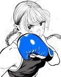  1girl bandaid bandaid_on_cheek bandaid_on_face bandaid_on_nose blue_gloves boxing boxing_gloves braid braided_ponytail breasts collarbone commentary eyelashes gloves greyscale highres lee_(dragon_garou) medium_breasts monochrome original serious single_braid solo sports_bra spot_color sweat upper_body 