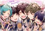  5boys ahoge black_hair blonde_hair blue_hair brown_eyes clenched_teeth commentary_request double_v ensemble_stars! facing_viewer flower green_eyes hair_between_eyes hair_over_one_eye hand_up hands_up highres looking_at_viewer male_focus morisawa_chiaki multicolored_hair multiple_boys nagumo_tetora official_alternate_costume one_eye_closed one_eye_covered open_mouth orange_eyes parted_bangs purple_hair red_hair ryuseitai_(ensemble_stars!) sengoku_shinobu shinkai_kanata short_hair streaked_hair takamine_midori takeda_(mdca4649) teeth two-tone_hair upper_body upper_teeth_only v yellow_flower 