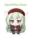  1girl bang_dream! bang_dream!_it's_mygo!!!!! beret black_capelet black_pantyhose blush brown_eyes capelet chibi closed_mouth commentary english_commentary green_hair happy_birthday hat highres jiwon_(sj1) long_hair mortis_(bang_dream!) mortis_(costume)_(bang_dream!) pantyhose pantyhose_under_shorts red_hat red_shorts shorts simple_background solo wakaba_mutsumi white_background 
