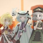  3others ^_^ adoptive_siblings androgynous antenna_hair apron arm_ribbon armor bare_arms belt black_belt black_cape black_headband black_ribbon blonde_hair blue_hair blue_hakama bow_(weapon) braid breastplate brooch building cape chinese_commentary city closed_eyes closed_mouth collared_shirt commentary_request compass_(xinjinjumin6687443) cowboy_shot detached_sleeves dot_nose dress expressionless eyes_visible_through_hair fujiwara_no_iyozane fujiwara_no_shirogane_no_sanra ghost_(len'en) green_dress grey_hair hachimaki hair_between_eyes hair_ribbon hakama hakama_skirt hand_on_own_arm haori happy hat headband heart heart_antenna_hair heart_in_eye highres hitodama holding holding_bow_(weapon) holding_oar holding_weapon jacket jacket_on_shoulders japanese_clothes jewelry kimono len'en light_blush light_frown long_hair looking_at_viewer low_twin_braids medal medium_hair military_hat military_uniform multiple_others neck_ribbon oar one_side_up ooama_no_ake_no_mitori outdoors pagoda pagoda_print pointing pointing_up print_apron print_dress purple_kimono red_dress red_eyes red_hakama red_kimono red_ribbon red_sleeves ribbon shirt shirt_under_dress short_kimono short_sleeves siblings skirt sky skyscraper sleeveless sleeveless_kimono smile standing symbol_in_eye triangular_headpiece twin_braids two-sided_cape two-sided_fabric v-neck very_long_hair waist_apron weapon white_apron white_cape white_jacket white_shirt wing_print yellow_eyes yellow_sky yin_yang yin_yang_print 